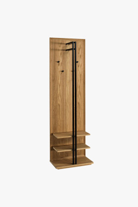 Tölgyfa előszobafogasfal fém elemekkel, cipőtárolós, 60x210 cm